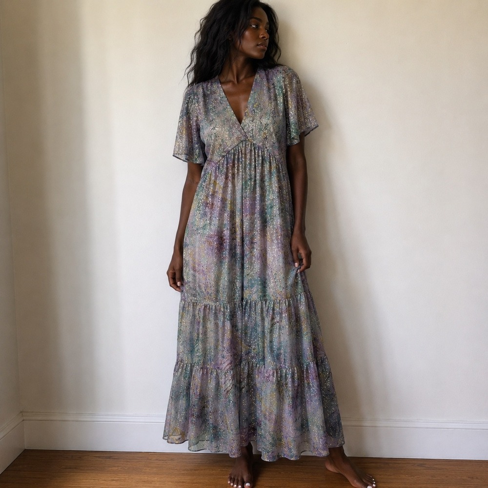 Holly & Joey Multicolor Metallic Floral Maxi Dress Tiered Small Mermaid Fairy
